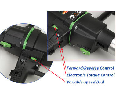 Control de avance / retroceso, control electrónico de par y dial de velocidad variable