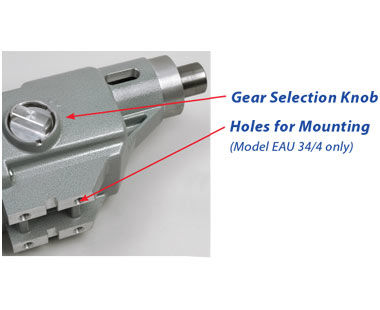 Gear selection knob and holes for mounting