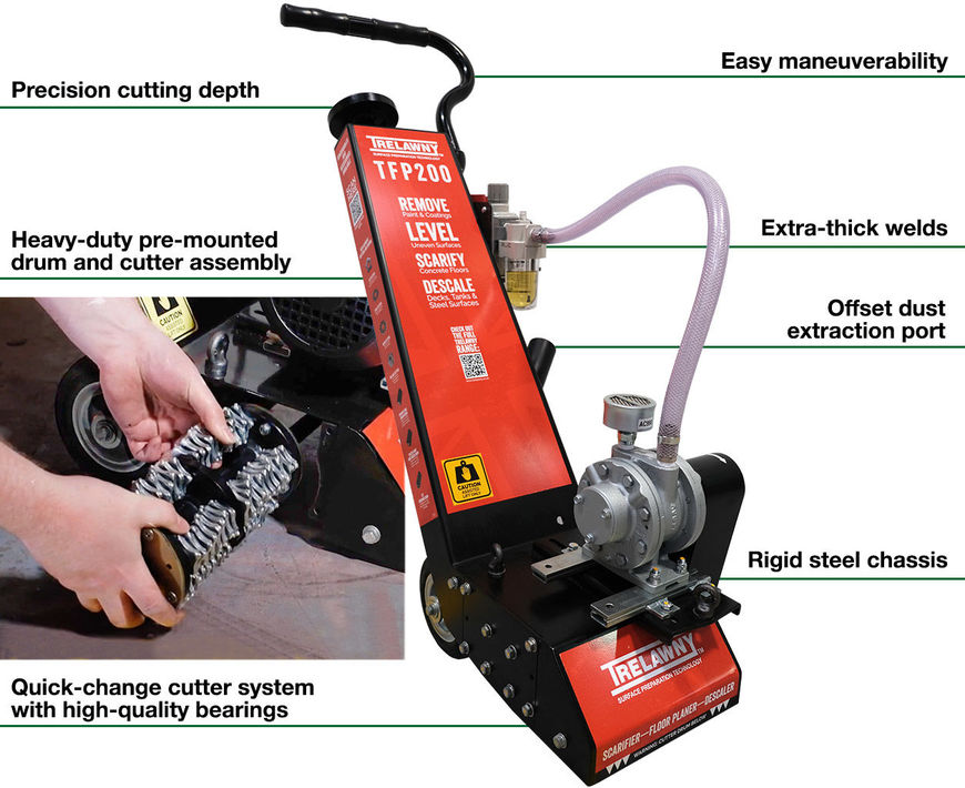 TFP 200 8" Pneumatic Concrete Scarifier & Deck Scaler Infographic