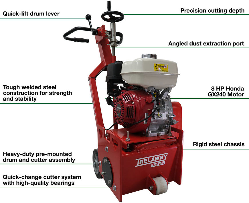 TFP 260 8" Gas Concrete Scarifier & Deck Scaler Infographic